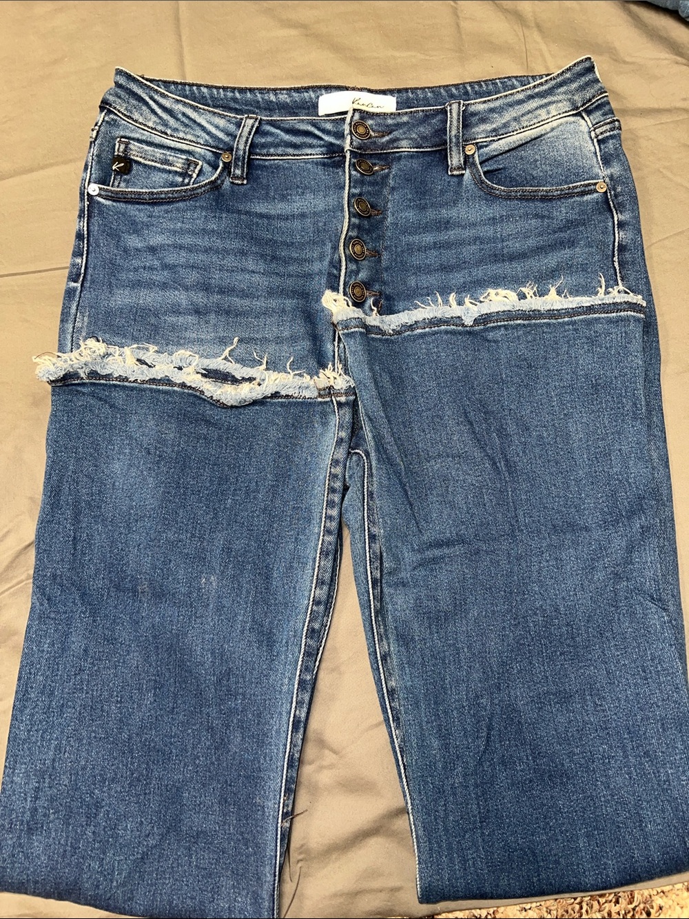 KanCan Medium Blue Straight Leg Jeans with Frayed Detail